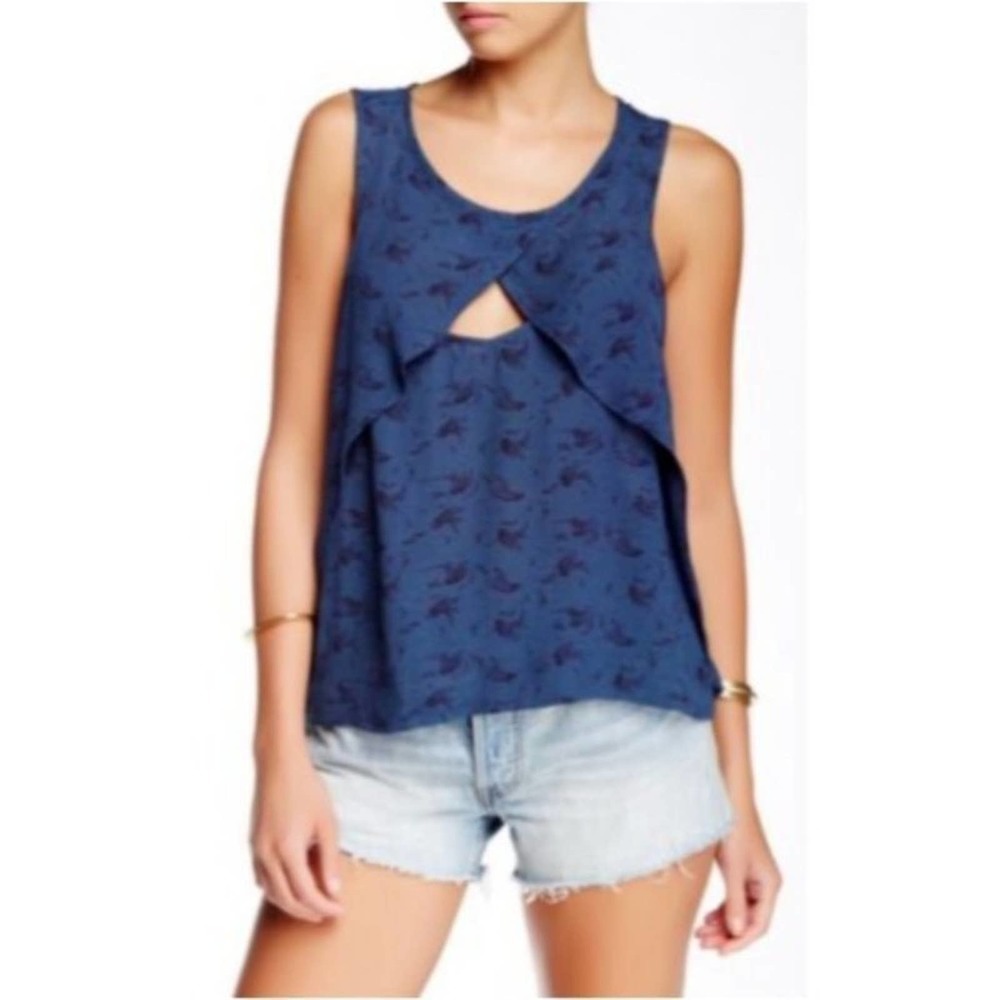 Free People Look Through Printed Crinkle Sleeveless Round Neck Top Blue Size XS